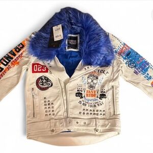 Men's Copper Rivet White and Blue Graphic Jean Jacket